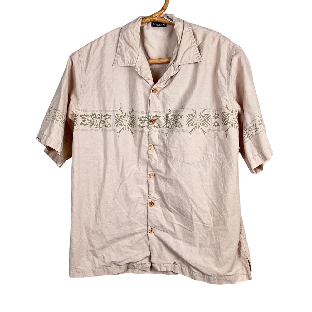 Lassen Hawaii Shirt Mens Large Short Sleeve Cotton Floral Border Pink Aloha Camp
